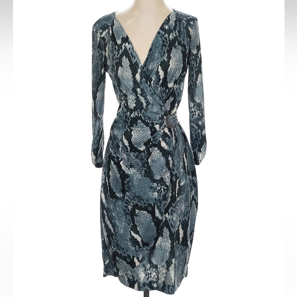 Vintage Cache Blue Grey Snakeskin Print Jersey Faux Wrap Dress Size Small S